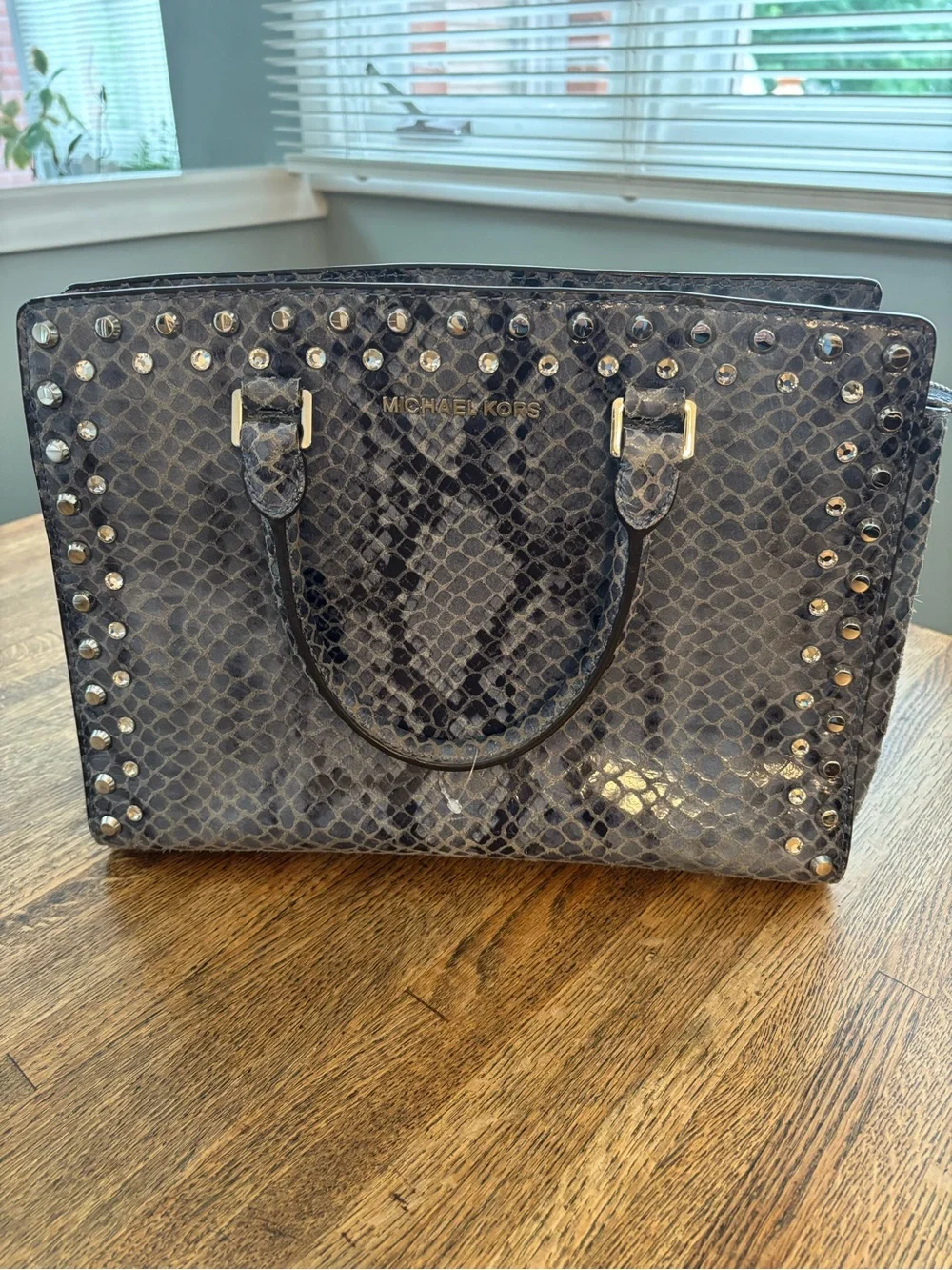 Michael Kors Snake-Embossed Jeweled Studded “Selma” Bag in Gray